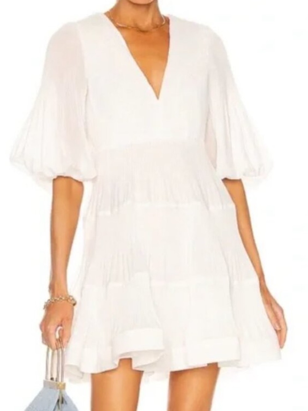 Zimmermann Pleated Balloon Sleeve Tiered Mini Dress